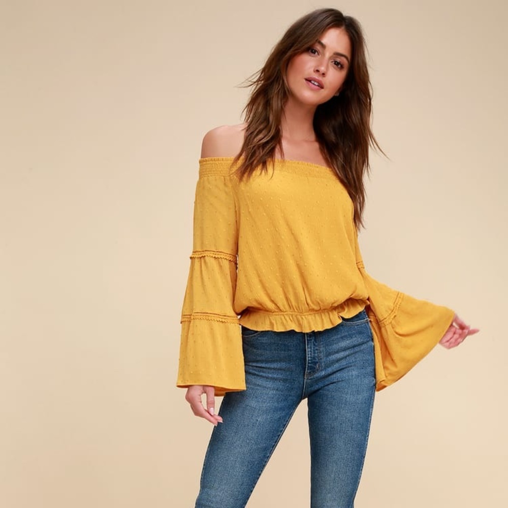 Lulu’s “Sunny Story Mustard Yellow Lace Bell Sleeve Off-the-Shoulder Top”